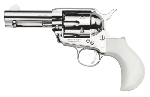 Taylors & Company 200111 1873 Flat Top Pietta 9mm Luger 6 Shot 3.50" Nickel Round Barrel, Cylinder & Steel Frame, PVC White Flat Birdshead Grip, Exposed Hammer