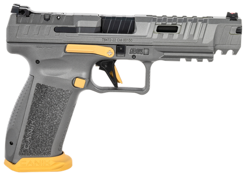Canik HG6610TN SFx Rival Full Size 9mm Luger 18+1, 5" Black Steel Barrel, Rival Gray Ported/Serrated Slide, Rival Gray w/Gold Accents Polymer Frame w/Beavertail & Picatinny Rail, Ambidextrous