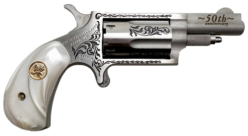 North American Arms 22M50 50th Anniversary  22 Mag 5 Shot 1.63" Matte Stainless w/"50th Anniversary" & Scroll Engraving, White Pearl Grip, Exposed Hammer