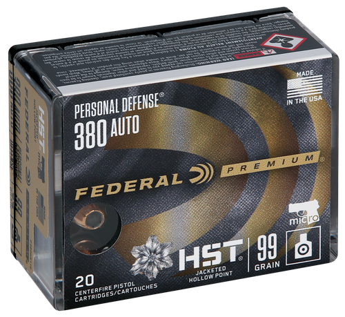 Federal P380HST1S Premium Personal Defense Micro 380ACP 99gr HST Jacketed Hollow Point 20 Per Box/10 Case