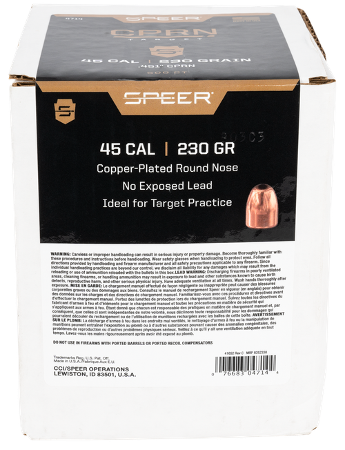Speer 4714 Handgun  45Cal 230gr Round Nose 500 Per Box/3 Case