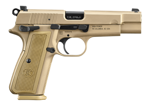 FN 66101069 High Power  9mm Luger 17+1, 4.70" Black Target Crown Steel Barrel, Flat Dark Earth PVD Serrated Steel Slide & Steel Frame w/Beavertail, FDE Textured Polymer Grip, Ambidextrous