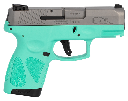 Taurus 1G2S939C G2S  Compact Frame 9mm Luger 7+1 3.26" Matte Stainless Steel Barrel, Matte Serrated Stainless Steel Slide, Cyan Polymer Frame w/Picatinny Rail & Polymer Grip, Right Hand