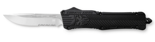 CobraTec Knives LBCTK1LDS CTK-1  Large 3.75" OTF Drop Point Part Serrated D2 Steel Blade/ Black Aluminum Handle Features Glass Breaker Includes Pocket Clip