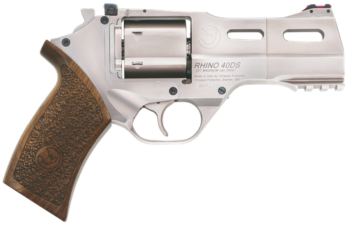 Chiappa Firearms CF340245 Rhino 40SAR *CA Compliant Medium Frame 357 Mag 6 Shot, 4" Nickel-Plated Steel Barrel & Cylinder, Nickel-Plated Aluminum Frame w/Picatinny Rail, Walnut Grip, Concealed Hammer