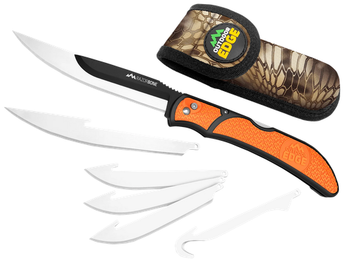 Outdoor Edge RBB20C RazorBone  6 Blades, Folding 3.40" Gut Hook/3.50" Drop Point/5" Fillet Satin/Black Oxide 420J2 SS Blades, Blaze Orange Textured Grivory w/TPR Inserts Handle