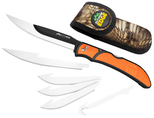 Outdoor Edge RBB20C RazorBone  6 Blades, Folding 3.40" Gut Hook/3.50" Drop Point/5" Fillet Satin/Black Oxide 420J2 SS Blades, Blaze Orange Textured Grivory w/TPR Inserts Handle