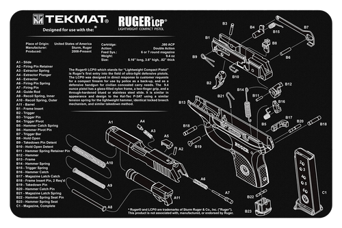 TekMat TEKR17RUGERLCP Ruger LCP Cleaning Mat Black/White Rubber 11"x17" Ruger LCP Parts Diagram