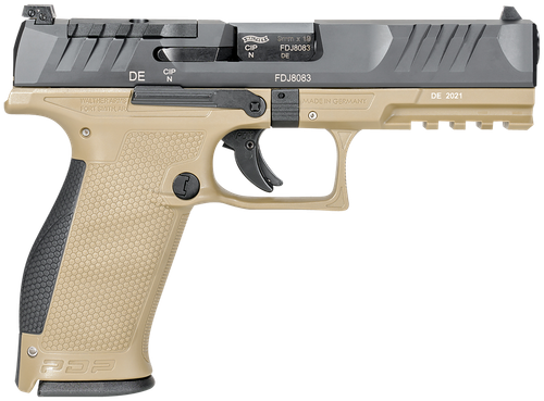 Walther Arms 2858380 PDP  9mm Luger 18+1 4.50" Black Polygonal Rifled Barrel, Black Optic Ready/Serrated Slide, Tan Polymer Frame w/Picatinny Rail, Black Performance Duty Texture Grips, Ambidextrous