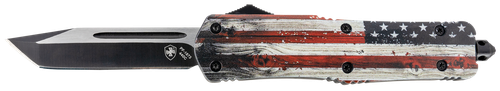 Templar Knife LWUS231 Gen II Wood US Flag Large 3.50" OTF Tanto Plain Black Oxide Stonewashed 440C SS Blade, 5.25" Painted Wood Grain US Flag Aluminum Handle, Glass Breaker