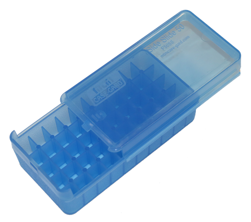 MTM Case-Gard P50SS4524 Side-Slide Ammo Box Pistol Multi-Caliber Handgun Clear Blue Plastic 50rd