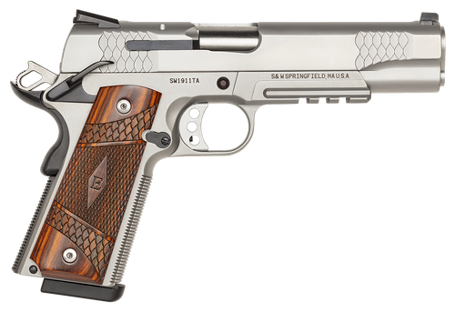 Smith & Wesson 108411 1911 E-Series 45 ACP  5" Barrel 8+1, Satin Stainless Steel Frame & Slide, Laminate Wood E Series Grip, Tactical Accessory Rail, Manual Grip & Thumb Safety