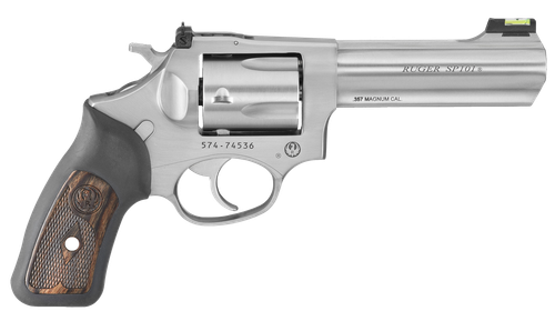 Ruger 5771 SP101  357 Mag 5rd 4.20" Satin Stainless Steel Barrel, Cylinder & Frame, Black Rubber w/Wood Insert Grip, Transfer Bar Safety, Exposed Hammer