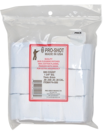 Pro-Shot 134500 Cleaning Patches  .38/ 6mm/ 7mm Cal 1.75" Square Cotton Flannel 500 Pack