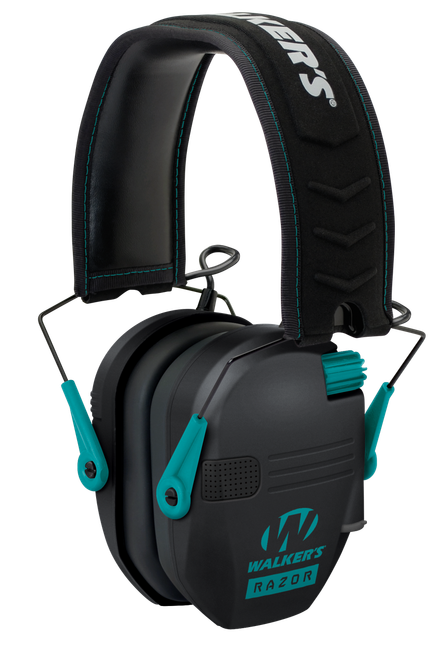 Walker's GWPRSEMTL Razor Slim Electronic Muff 23 dB Over the Head Black Polymer w/Teal Accents