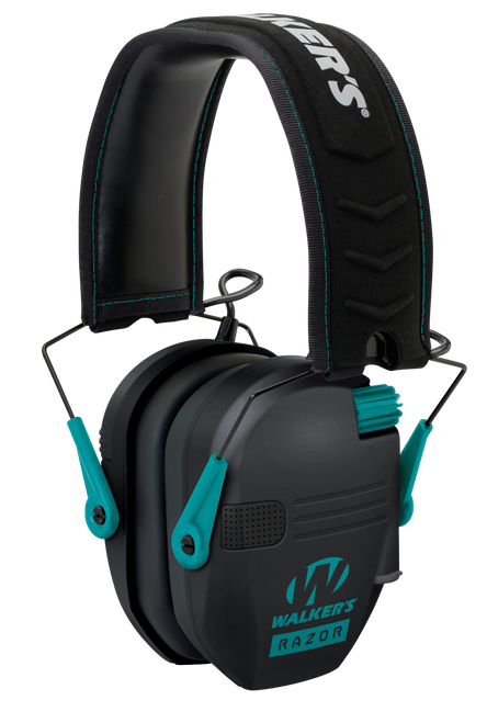 Walker's GWPRSEMTL Razor Slim Electronic Muff 23 dB Over the Head Black Polymer w/Teal Accents
