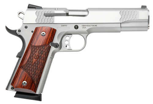 Smith & Wesson 108482 1911 E-Series Serrated Frame 45 ACP 8+1 5" Stainless Steel Barrel, Satin Stainless Serrated Slide & Frame w/Beavertail, Laminate Wood Grip