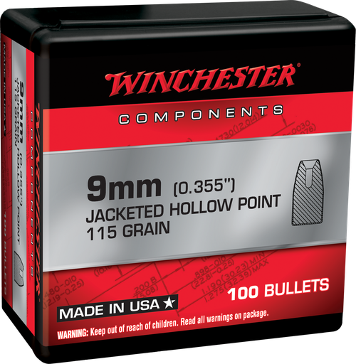 Winchester Ammo WB9JHP115X Centerfire Handgun Reloading 9mm 115gr Jacketed Hollow Point 100 Per Box/10 Case