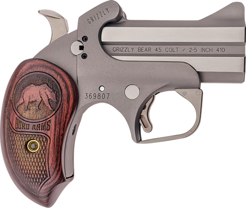 Bond Arms BAGR Grizzly  45 Colt (LC)/410 Gauge 2rd 3" Stainless Steel Double Barrel & Frame, Rebounding Hammer, Blade Front/Fixed Rear Sights, Rosewood Grips, Manual Safety