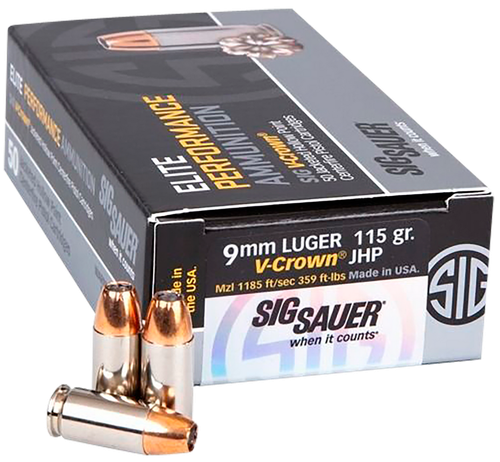 Sig Sauer E9MMA1COMP50 Match Elite Competition  9mmLuger 115gr V-Crown Jacketed Hollow Point 50 Per Box/20 Case