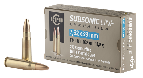 PPU PPS76239 Subsonic  7.62x39mm 182gr Full Metal Jacket Boat Tail 20 Per Box/50 Case
