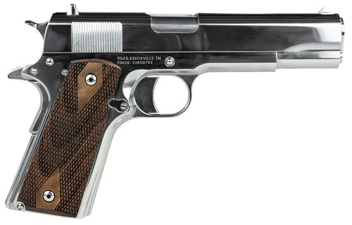 Tisas 10100513 1911 Regulator Full Size Frame 9mm Luger/38 Super 9+1 5" Stainless Steel Barrel, Polished Chrome Steel Serrated Slide, Chrome High Polished Steel Frame w/Beavertail, Turkish Walnut Grip