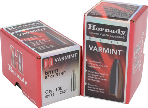 Hornady 2442 Traditional Varmint 6mm .243 87 gr Hollow Point Boat Tail 100 Per Box/ 25 Case