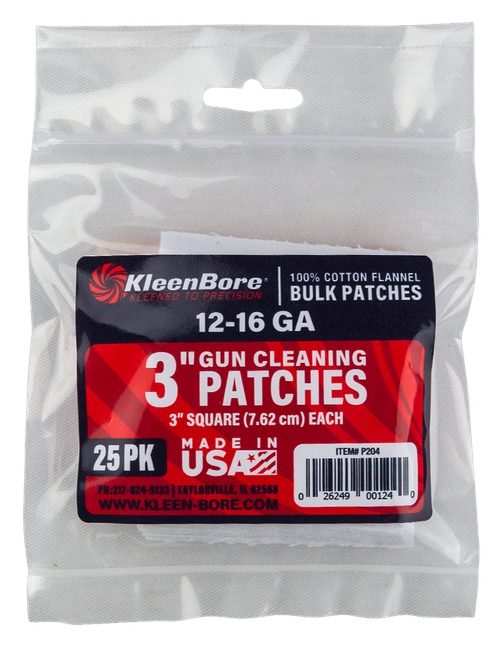 KleenBore P204 Super Shooter  12-16 Gauge Shotgun 3" 100% Cotton Flannel 25 Per Pack