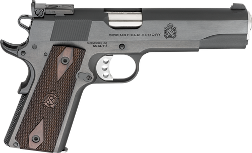 Springfield Armory PX9420ADJ 1911 Garrison Full Size 45 ACP 7+1 5" Stainless Match Grade Barrel, Blued Carbon Steel Serrated Slide, Blued Carbon Steel Frame w/Beavertail, Thinline Wood Grip