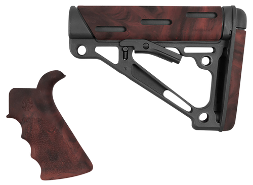 Hogue 15456 OverMolded Collapsible Buttstock Black Synthetic Red Lava OverMolded Rubber & Red Lava Rubber Finger Grooved Grip for AR-15, M16 with Mil-Spec Buffer Tube (Tube Not Included)