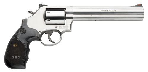 Smith & Wesson 150855 Model 686 Plus 38 S&W Spl +P, 357 Mag 7rd 7" Stainless Steel Barrel & Cylinder Satin Stainless Steel Frame with Black & Silver Custom Wood Grip & Red Ramp Front Sight
