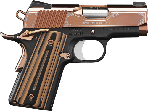 Kimber Mfg, Inc 3200373 Ultra II  45 ACP 7+1 3" Stainless Match Grade Barrel, Engraved Rose Gold PVD Serrated Stainless Steel Slide, Kimpro II Black Aluminum Frame w/Beavertail, G10 Grip