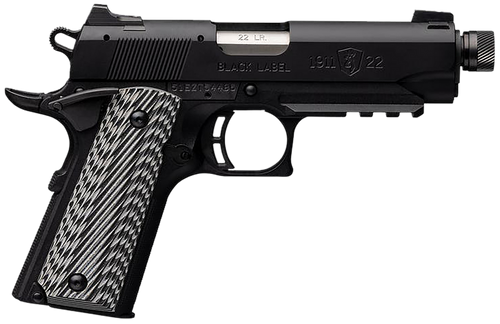 Browning 051821490 1911-22 Black Label Compact SR 22 LR 10+1 4.25" 3.50" Threaded Barrel, Matte Black Serrated Steel Slide & Polymer Frame w/Picatinny Rail & Beavertail, Black/Gray Textured G10 Grips