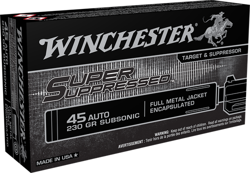 Winchester Ammo SUP45 Super Suppressed  45ACP Subsonic 230gr Encapsulated Full Metal Jacket 50 Per Box/10 Case