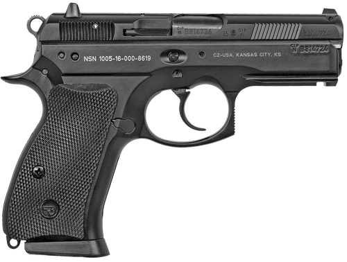 CZ-USA 01199 P-01 Compact Compact Frame 9mm Luger 10+1, 3.75" Blued Steel Barrel, Black Serrated Steel Slide, Black Polycoat Aluminum Frame w/Beavertail, Black Rubber Grip