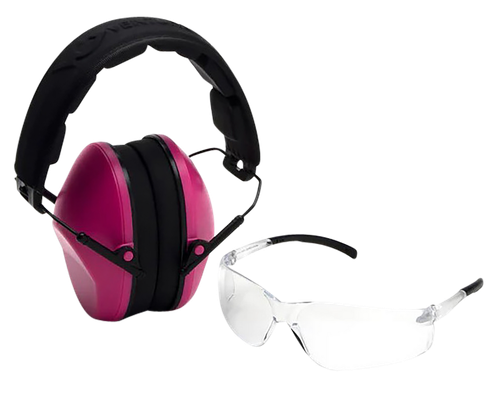 Pyramex VGCOMBO210 Low-Profile Combo Kit  Scratch Resistant Clear Lens & Frame with Rubber Temple Tips Pink Low-Profile Earmuffs
