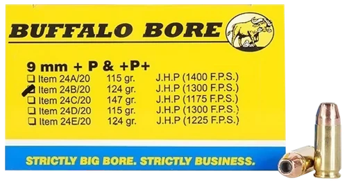 Buffalo Bore Ammunition 24B20 Personal Defense Strictly Business 9mmLuger +P+ 124gr Jacket Hollow Point 20 Per Box/12 Case