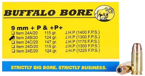 Buffalo Bore Ammunition 24B20 Personal Defense Strictly Business 9mmLuger +P+ 124gr Jacket Hollow Point 20 Per Box/12 Case