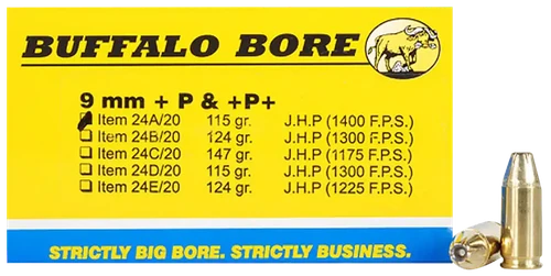 Buffalo Bore Ammunition 24A20 Personal Defense Strictly Business 9mmLuger +P+ 115gr Jacket Hollow Point 20 Per Box/12 Case
