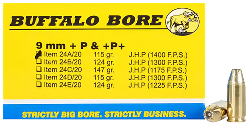 Buffalo Bore Ammunition 24A20 Personal Defense Strictly Business 9mmLuger +P+ 115gr Jacket Hollow Point 20 Per Box/12 Case