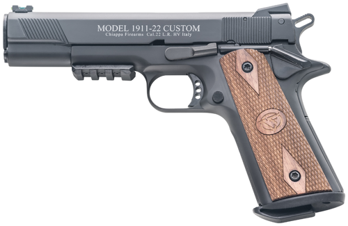 Chiappa Firearms 401101 1911-22 Custom 22 LR 10+1 5" Blued Serrated Steel Slide w/Picatinny Rail & Beavertail Frame, Stippled Walnut Grip