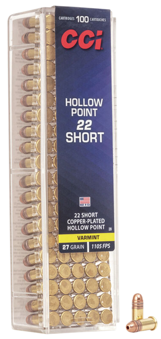 CCI 0028 VNT Rimfire 22Short 27gr Copper Plated Hollow Point 100 Per Box/50 Case