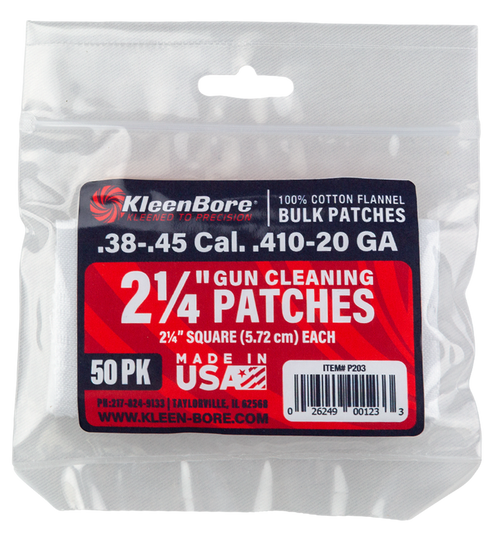 KleenBore P203 Super Shooter  .38/ .45 Cal 20/.410 Gauge 2.25" 100% Cotton Flannel 50 Per Pack