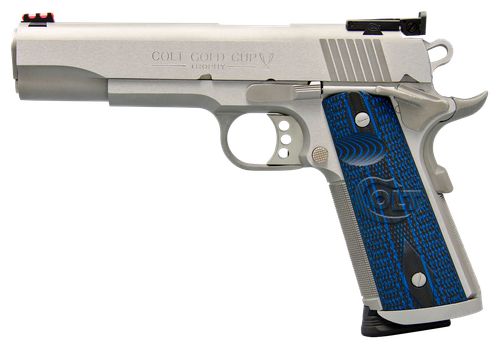 Colt Mfg O5073XE Gold Cup Trophy 38 Super 9+1 5" Stainless National Match Barrel, Stainless Steel Serrated Slide & Frame w/Beavertail, Blue Scalloped G10 Grip, Ambidextrous