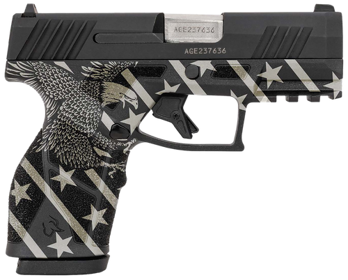 Taurus 1-GX2931-10EN1 GX2  Compact Frame 9mm Luger 10+1 3.38" Stainless Steel Barrel, Matte Black Serrated Alloy Steel Slide, Black w/Eagle, Stars & Stripes Polymer Frame w/Accessory Rail