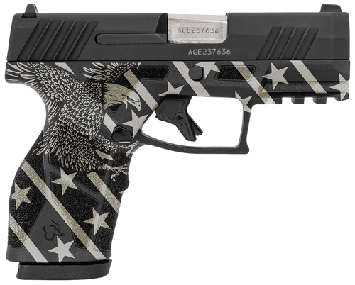 Taurus 1-GX2931-10EN1 GX2  Compact Frame 9mm Luger 10+1 3.38" Stainless Steel Barrel, Matte Black Serrated Alloy Steel Slide, Black w/Eagle, Stars & Stripes Polymer Frame w/Accessory Rail