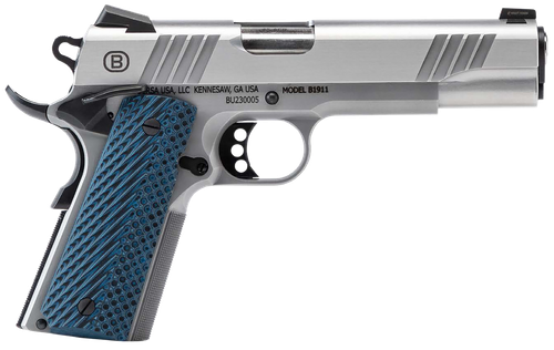 Bersa B19117050SMBL B1911  Full Size Frame 45 ACP 8+1 5" Stainless Steel Barrel, Polished Stainless Serrated Steel Slide, Matte Stainless Stainless Steel Frame w/Beavertail, Blue VZ Grip, Ambidextrous