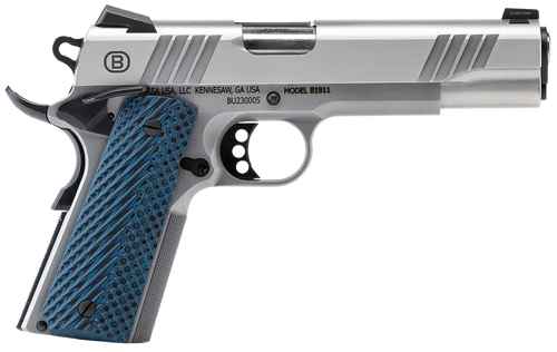 Bersa B19117050SMBL B1911  Full Size Frame 45 ACP 8+1 5" Stainless Steel Barrel, Polished Stainless Serrated Steel Slide, Matte Stainless Stainless Steel Frame w/Beavertail, Blue VZ Grip, Ambidextrous
