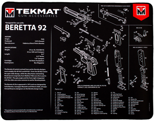TekMat TEKR20BER92 Beretta 92 Ultra 20 Cleaning Mat Black/White Rubber 15"x20" Beretta 92 Parts Diagram