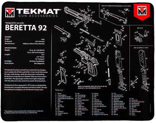 TekMat TEKR20BER92 Beretta 92 Ultra 20 Cleaning Mat Black/White Rubber 15"x20" Beretta 92 Parts Diagram